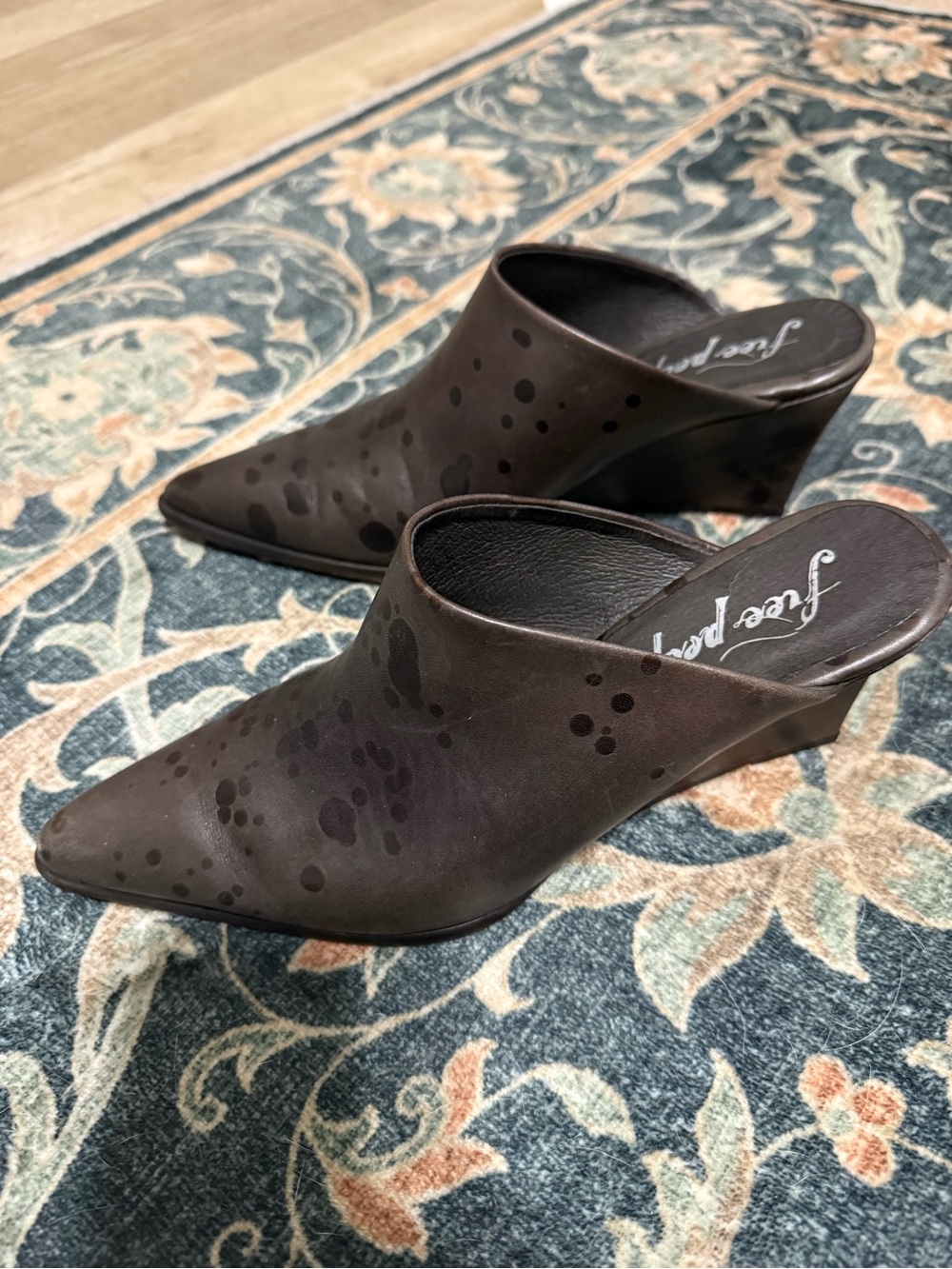Free People Brown Pointed Mule Heels with Subtle Spot Detailing